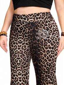ROMWE Hippie Pantalon pattes d'éléphant avec incrustations de strass crâne en velours imprimé léopard vintage Y2K, grande taille