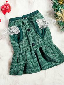 PETSIN 1 pièce Robe de chien décorative avec nœud de cerf, patchwork à carreaux verts de Noël et dentelle pour animaux de compagnie