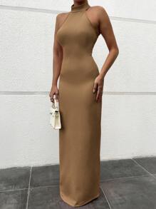 RueChic 女士實色無袖修身連衣裙,腰線設計 - 米色 - 查看 1