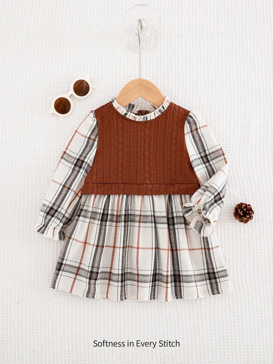 Cozy Pixies Colorful Plaid Contrast Hem Round Neck Long Sleeve Dress For Baby Girl - Brown - View 1