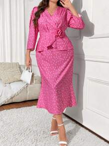 SHEIN Unity 2pcs Plus Size Elegant 3D Floral Top And Skirt Set - Coral Pink - View 4