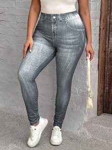 SHEIN LUNE Celana Legging Jegging Ketat Elastis untuk Wanita Ukuran Plus dengan Efek Denim - Dark Grey - View 6