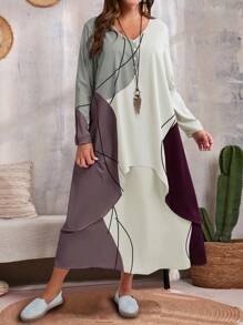 EMERY ROSE Plus Size Casual Contrast Color Block 2 In 1 Dress Fall