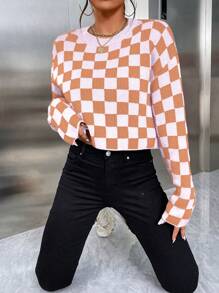 SHEIN Unity Checker Print Round Neck Casual Long Sleeve Sweater Knit Pullover Fall Winter - Multicolor - View 3