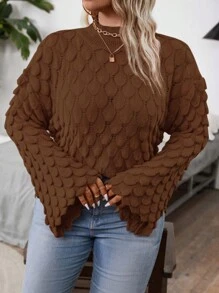 Franclia Textured Floral Pattern Plus Size Crew Neck Long Sleeve Sweater
