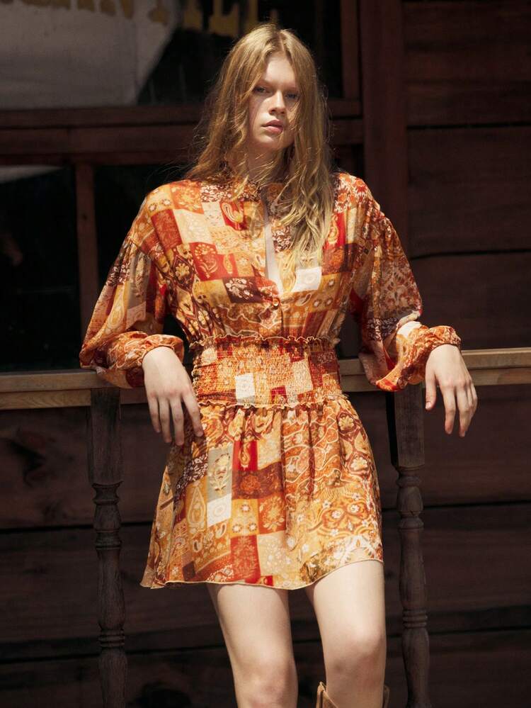 SHEIN Maija Women Western Full Print Long Sleeve Casual Short Dress, Autumn