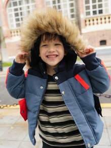 SHEIN Young Boy Hooded Patchwork Long Sleeve Casual Padded Coat