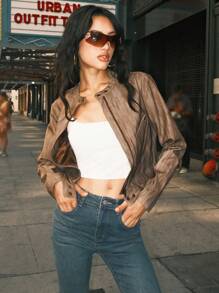 Easelle Brown Cropped Faux Leather Jacket, Fall