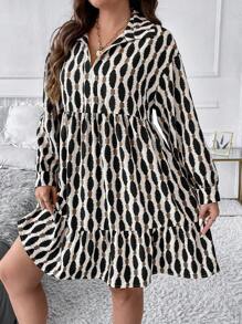 SHEIN LUNE Plus Size Casual Daily Ruffled Hem Loose Allover Print Dress, Autumn Thanksgiving Outfit Holiday Outfit Holiday Party Dress Plus