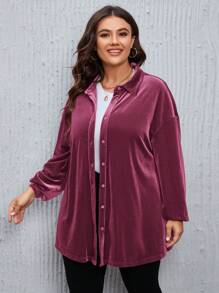 SHEIN LUNE 大尺碼女款秋季法蘭絨布料寬鬆休閒 90 年代風格襯衫 秋冬正式辦公穿搭 - 淺灰紫 - 查看 5