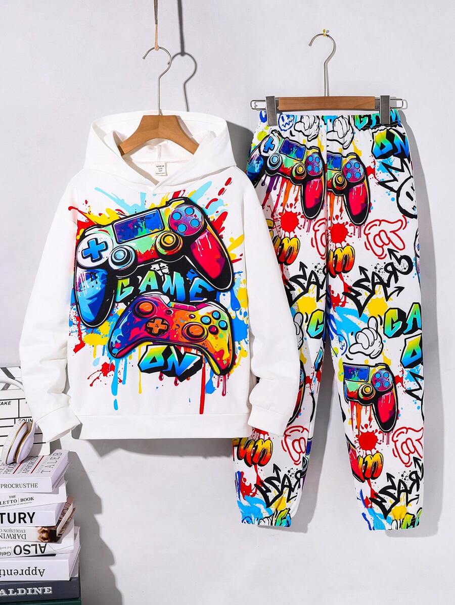 SHEIN Tween Boy 酷炫街头涂鸦字母与游戏图案长袖连帽衫和松紧腰裤套装，适合秋季/春季、户外玩耍、校园、街头风格、派对和休闲穿着，性价比高 - 彩色 - 查看 1