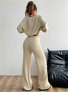 Flirla 2 piezas Conjunto de suéteres informales con adorno de contraste - Multicolor - Ver 2