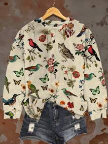SHEIN LUNE Sudadera holgada con estampado vintage de pintura floral y pájaros para mujer de talla grande