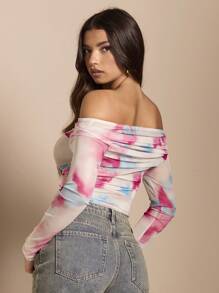 SHEIN BAE Stretch Mesh Knitted Graphic Print Off-Shoulder Fall Women Clothes Long Sleeve Top - Hot Pink - View 2