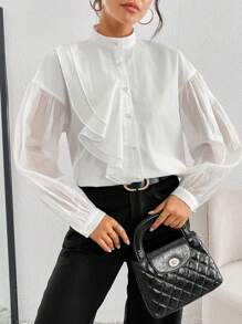 SHEIN EZwear Blusa holgada de unicolor con manga abullonada informal para mujer