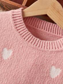 SHEIN 青少年女孩超大休闲简约舒适长袖圆领心形图案米色毛衣 - 彩色 - 查看 5