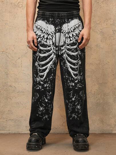 Grunge Punk Herren Lässige Jogginghose mit Flügel Muster, Kordel Taille, Taschen und weitem Bein
