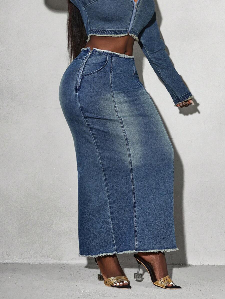 Slaydiva 女式休闲牛仔裙，带口袋和磨边下摆 - 中等水洗藍 - 查看 1