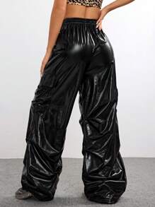 Coolane 女款秋季 Y2K 抽绳高腰阔腿全息效果工装裤 - 黑色 - 查看 2