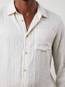 Manfinity VCAY 男士编织条纹翻领长袖休闲衬衫，适合秋季 - 白色 - 查看 1