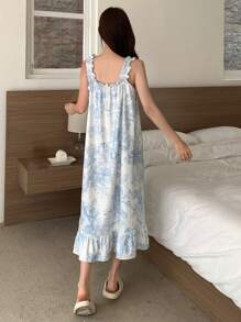 DAZY Landscape Sketch Pattern Ruffle Hem Cami Nightgown - Blue - View 2
