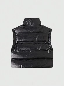 SHEIN Unity 女士纯色无袖拉链前口袋休闲加厚棉服外套冬季 - 黑色 - 查看 2