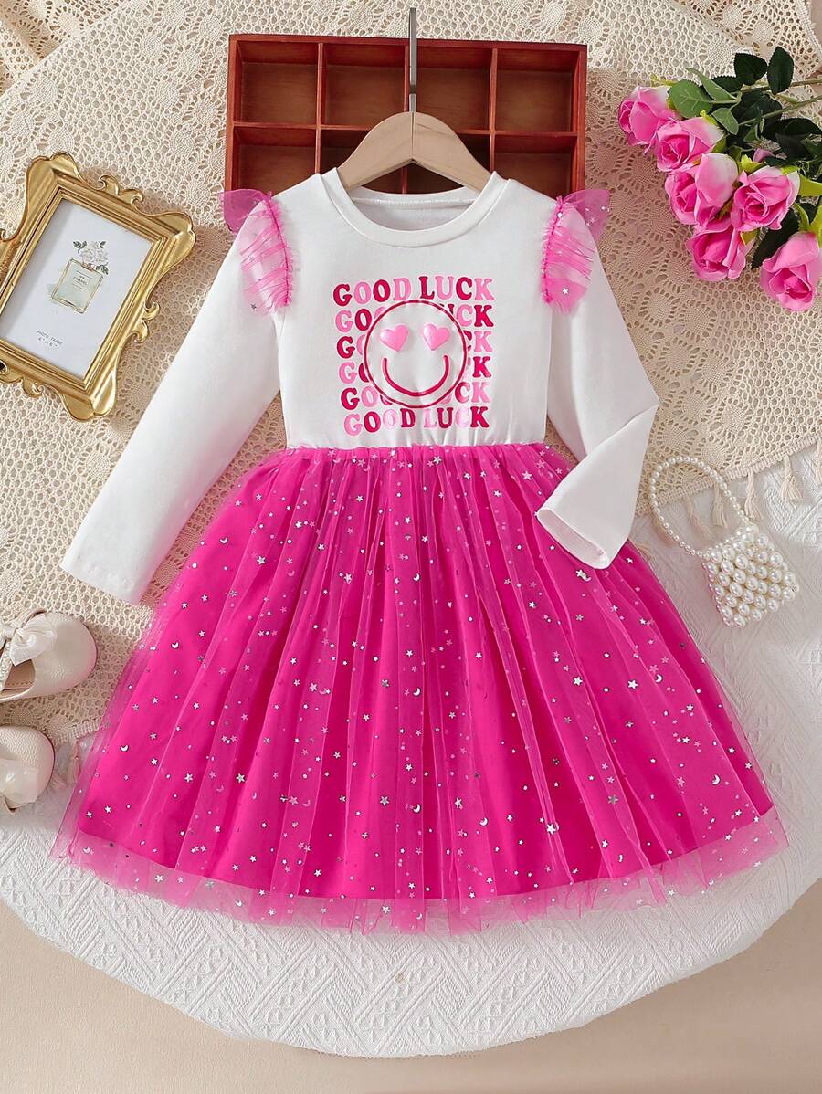 SHEIN Váy lưới thêu hình mặt trăng và ngôi sao thanh lịch cho bé gái dài tay, họa tiết chữ và mặt cười, thích hợp mặc hàng ngày, dự tiệc, thu đông - Màu Hồng Tươi - Xem 1