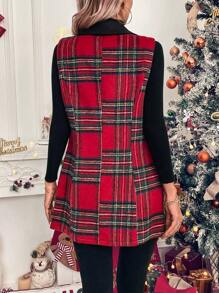 EMERY ROSE Christmas Women's Casual Red Plaid Cinched Waist Vest Jacket (Random Flower) - Multicolor - View 2