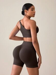 SHEIN Sports Bộ đồ tập thể thao mùa hè cho nữ, áo không tay cổ bẻ màu trơn không đường may và quần short - Cà phê nâu - Xem 4