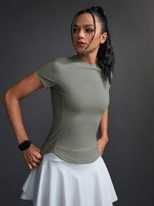 Exploreva 女士纯色圆领插肩短袖休闲健身运动 T 恤 - 灰色 - 查看 8