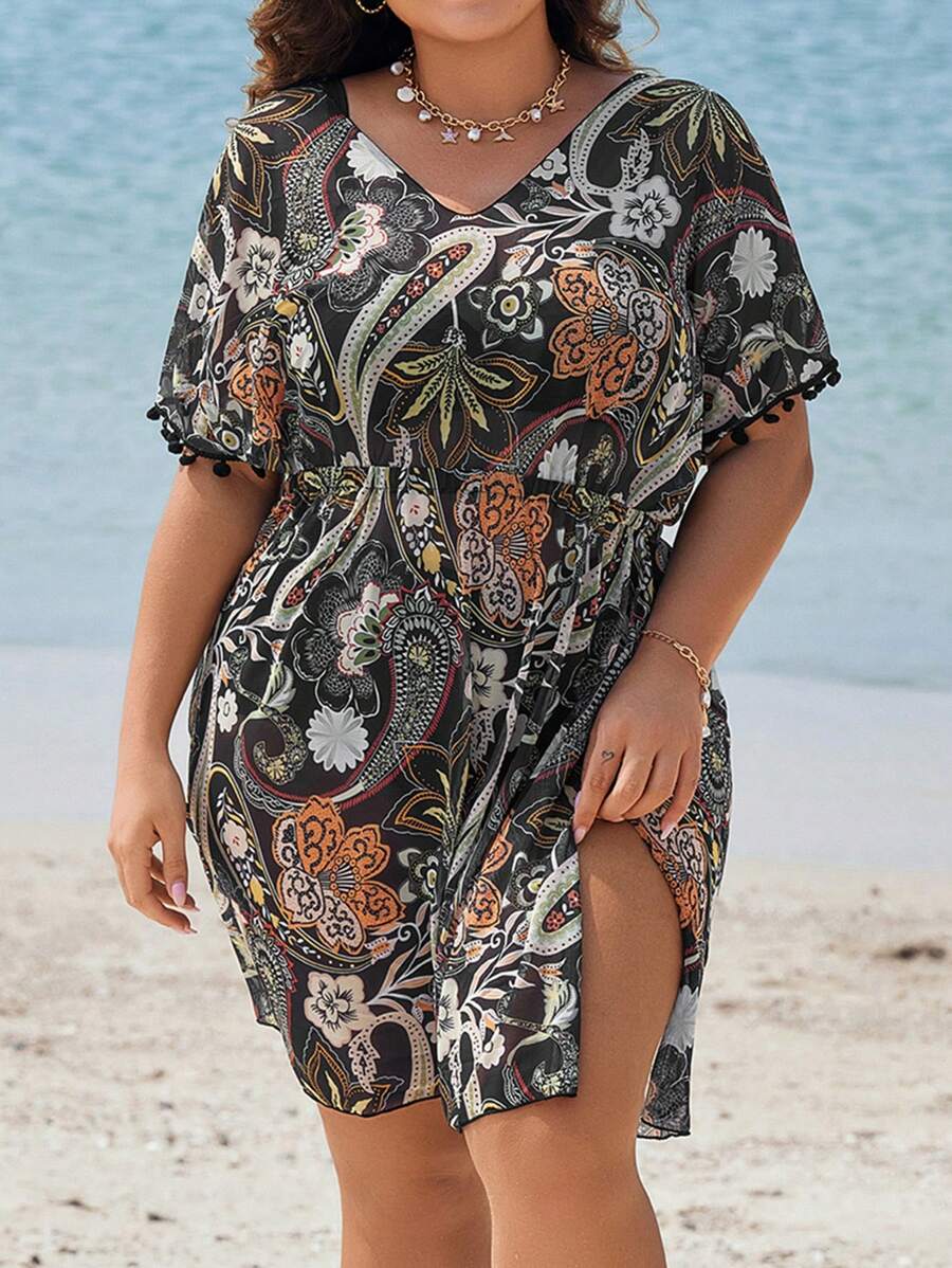 大码女式植物印花绒球边短袖开衩下摆长袍连衣裙夏季 - 彩色 - 查看 1