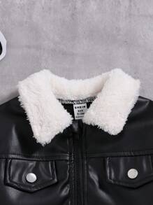 SHEIN 女宝宝厚绒毛领 PU 皮革短夹克外套，保暖冬季外套 - 黑色 - 查看 3