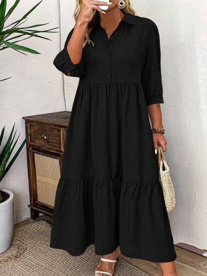 Weeklong Plus Size Solid Color Mid-Length Sleeve Ruched Front Button Simple Casual Dress, For Thanksgiving Maxi Women Outfit BASICS