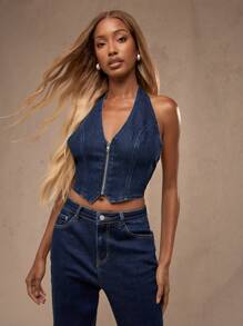 MISSGUIDED Zip Through Halter Neck Backless Denim Top - Dark Wash - View 1