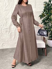 Al Najma Vestido maxi árabe de manga farol con botones delanteros, de unicolor, de largo completo, de manga larga, de estilo elegante para uso casual diario/trabajo/vacaciones/fiestas por la noche/invitado de boda, para primavera y verano - Caqui - Ver 7