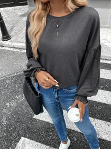 SHEIN LUNE Women's Casual Home T-Shirt With Ruff Led Lantern Sleeves, Apricot Color Round Neck, For Winter New Years - Grey - View 1