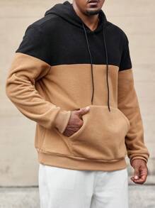 Manfinity Homme Plus Size Men's Autumn & Winter Colorblock Drawstring Hooded Sweatshirt With Pockets