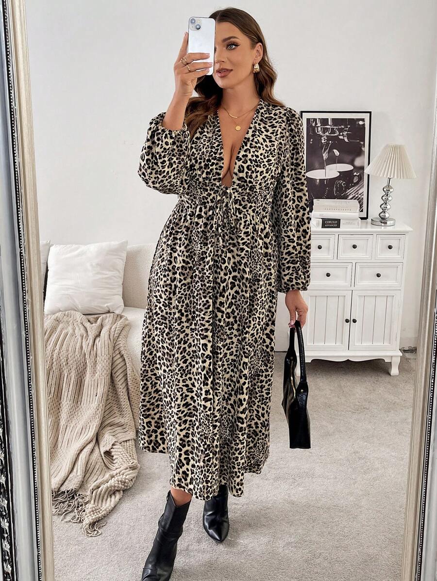 SHEIN Frenchy Plus Size Women Leopard Print Midi Dress, Fashionable Minimalist Style For Autumn - Brown - View 1