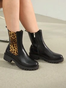 MOTF PREMIUM 女士时尚豹纹拼接中筒靴 秋季