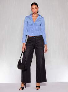 Glamine Striped Blouse With Pleated Detail, Office Siren Urban Style Long Sleeve Casual Shirt For Women Fall Cloth For Women - Multicolor - View 5