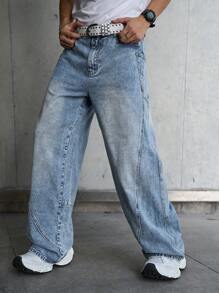 Manfinity Hypemode Jeans décontractés en denim lavé ample pour hommes, jeans bleus amples lavés unis. Idéal pour le mari, cadeau pour le petit ami