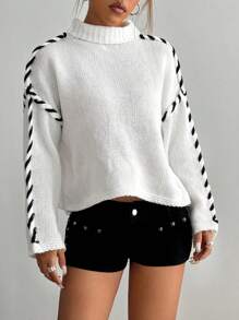 Flirla Women's Contrast Color Crew Neck Casual Long Sleeve White Sweater