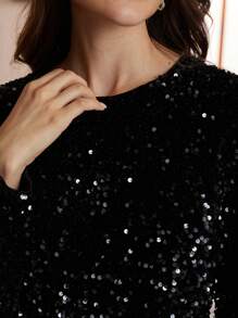 Aveloria Modichic Black Long Sleeve Velvet Sequin Midi Dress, Fashion Party Style Holiday Party Birthday Formal Occassion Dress 