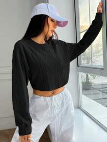 Muchica 秋季休闲纯色短款纹理卫衣 - 黑色 - 查看 4