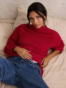 COSMINA Autumn/Winter Women High Neck Long Sleeve Solid Color Casual Red Sweater - Red - View 6