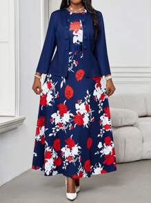 SHEIN Lady Plus Size Button Up Cardigan With Waist Belt, Floral Print Mid-Length Dress 2 Pieces Set - Professional Christmas Women Clothes, Purple Blazer Women Outfit Sets - Red - View 6
