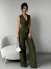 Siren Gaze 两件套秋季服装 2 件套女士纯色无袖上衣和裤子秋季衣服 - 軍綠色 - 查看 5