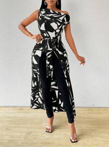 Zolique 不对称几何印花不对称领口单短袖高腰系带前不对称高低开叉长款女式衬衫单肩上衣