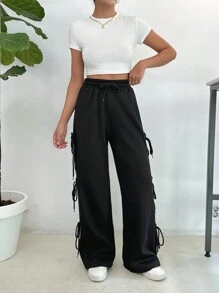 EURMUSE WIDE LEG LACK SWEATPANT WIT RIBBON DETAIL - Black - View 5