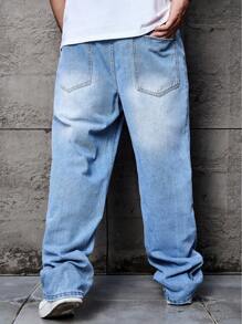 Manfinity Homme 男式宽松直筒休闲口袋牛仔裤 - 淺色水洗藍 - 查看 2